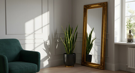 Bright living room interior with a comfortable green armchair, a snake plant in a black pot, and a tall ornate gold mirror reflecting sunlight