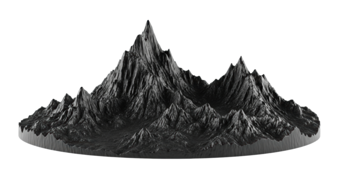 Panoramic miniature 3d render of obsidian volcanic mountains, sharp basalt peaks, and dark ash textures, dramatically lit, isolated on pure white background for copy space. Concept of natural geology