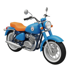 Classic blue motorcycle with orange seat isolated on transparent background