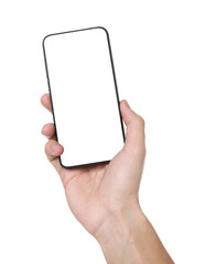 Man holding smartphone with blank screen on white background, closeup. Mockup for design