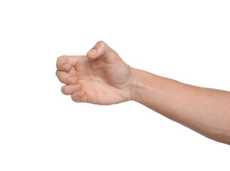 Man holding something on white background, closeup
