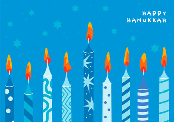 Hanukkah greeting card with candles. Happy Hanukkah, Jewish holiday background. Vector Hanukkah background