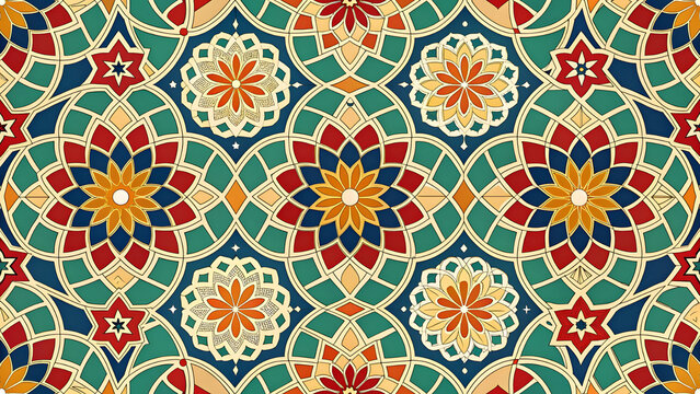 A seamless, fully editable vector pattern composed of repeating ornamental motifs inspired by Moroccan zellige tilework and organic floral forms, rendered in bold