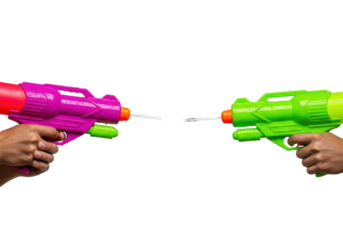 highly detailed close-up of young hands holding stylized neon toy water guns, opposing water streams collide in a dramatic, frozen splash against a seamless white background. exhilarating summer fun