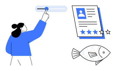 Person adjusting rating slider, profile review with star ratings, and fish. Ideal for feedback, evaluation, profile management, reviews, environmental ratings, seafood industry simple flat metaphor