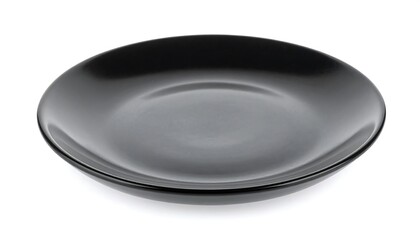 Glossy black plate sits centered on white background, catching light and reflecting its smooth, rounded form