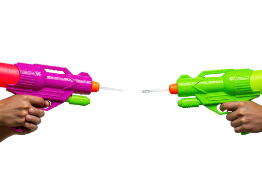 highly detailed close-up of young hands holding stylized neon toy water guns, opposing water streams collide in a dramatic, frozen splash against a seamless white background. exhilarating summer fun