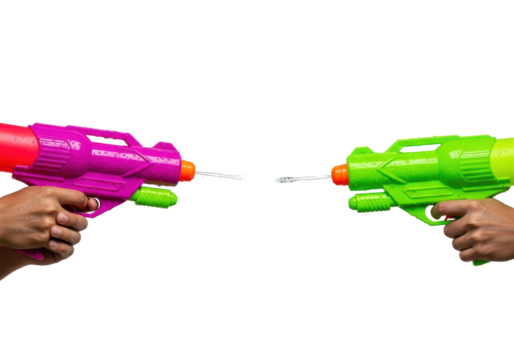 highly detailed close-up of young hands holding stylized neon toy water guns, opposing water streams collide in a dramatic, frozen splash against a seamless white background. exhilarating summer fun