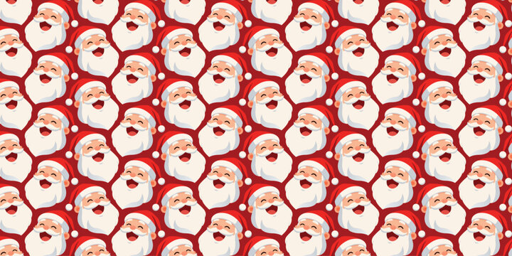 Seamless festive pattern with cute cartoon Santa Claus faces and white snowflakes on a red background, ideal for Christmas wrapping paper, holiday cards, party decorations and seasonal digital designs