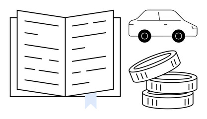 Open book with a bookmark, stacked coins, and a car outline highlighting financial education, wealth management, and investment planning. Ideal for learning, finance, transportation, budget