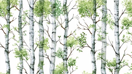 Fototapeta premium Bright green leaves on slender white birch tree trunks in spring forest