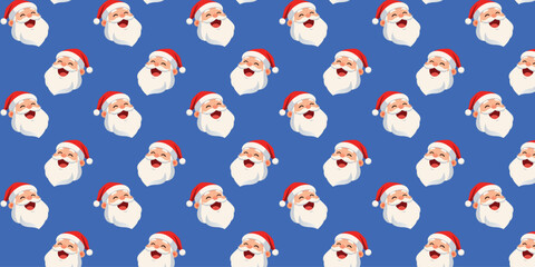 Obraz premium Playful seamless pattern with cute cartoon Santa Claus faces and white snowflakes on a blue background, perfect for Christmas wrapping paper, festive textiles, greeting cards and seasonal digital proj