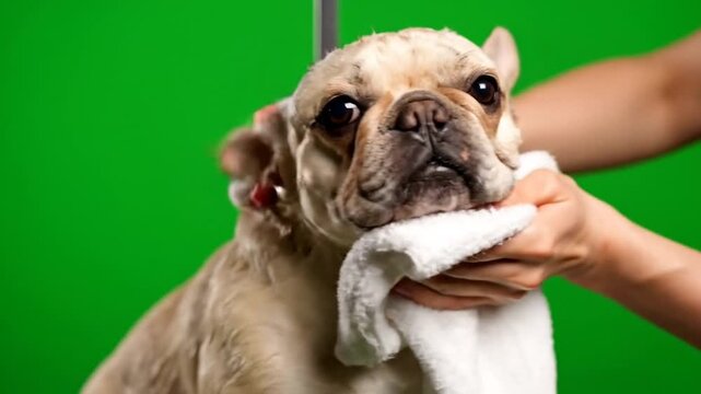 Cute French Bulldog Being Dried with Towel After Bath on Green Screen - Professional Pet Grooming Service"