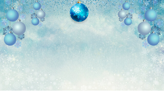 A serene blue Christmas background featuring hanging ornaments and delicate snowflakes arranged along the top and bottom edges. Soft watercolor textures blend with falling snow, creating an elegant