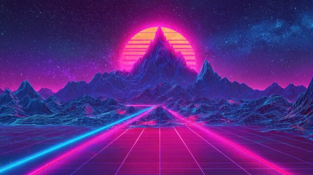 A stunning scene shows a digital landscape with pink and blue neon lights. Mountains rise in the background while a large sun sets behind them creating a captivating atmosphere.