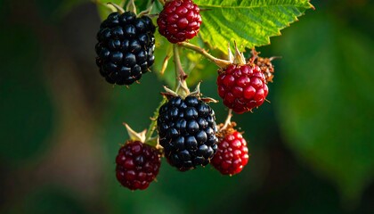 Glossy blackberries and ripening red berries cluster on a branch with green leaves, against a blurred background