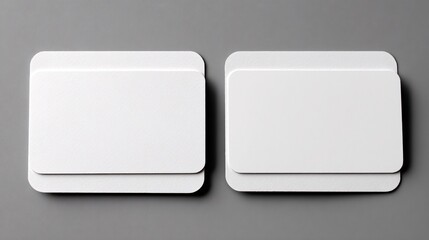 Two blank white business cards stacked on gray background in soft light