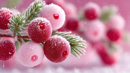 Frosted red and pink berries on pine branch with snowflakes falling