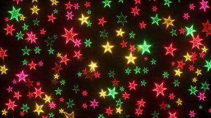 Colorful neon stars floating and shimmering across a dark background, forming a playful festive pattern with bright glowing outlines and dynamic light motion. - Powered by Adobe