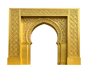 Ornate golden arched doorway with intricate patterns on a black background
