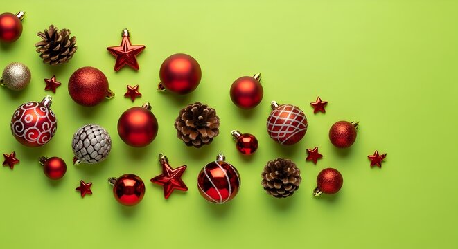 Festive Christmas ornaments and pine cones arranged on a green background creating a holiday pattern - Powered by Adobe