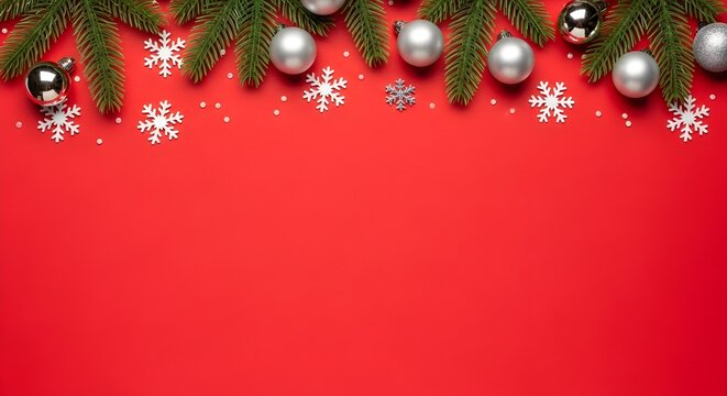 Christmas background with silver ornaments snowflakes and fir branches festive holiday season design