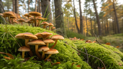 Amid a carpet of emerald moss and sun-dappled autumn grass, clusters of edible wild mushrooms emerge like forest jewels—chanterelles in radiant apricot, oyster mushrooms in soft dove
