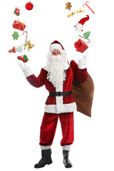 Santa Claus levitating gift boxes, festive decor and treats on white background. Christmas magic