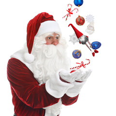 Santa Claus levitating Christmas decor and candy canes on white background. Festive magic