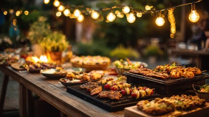 Fototapeta premium A lively outdoor barbecue party features a table filled with a variety of grilled meats and colorful sides. Warm lights hang above creating a cozy atmosphere during the evening.