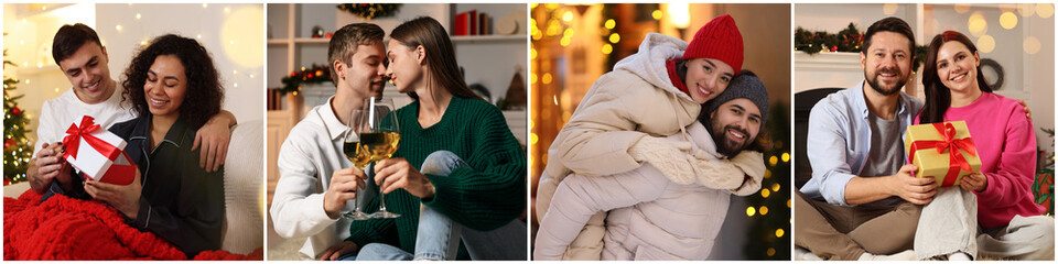 Merry Christmas and happy winter holidays! Collage with photos of lovely couples