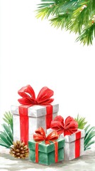 Fototapeta premium Watercolor Christmas gifts with red ribbons and pine branches illustration