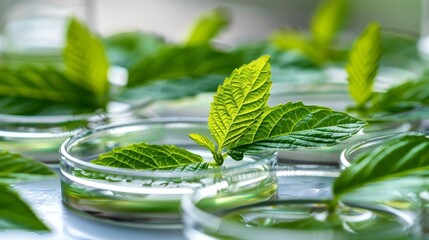 Petri dish with green leaves illustrating the advancement of sustainable biotechnology growth