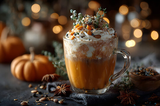 Tasty pumpkin latte with whipped cream, spices and fresh vegetables on black table against blurred lights, closeup - Powered by Adobe