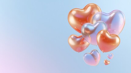 Floating Heart Balloons With Glossy Reflections Set Against a Soft Pastel Gradient Background Create a Whimsical, Festive Atmosphere