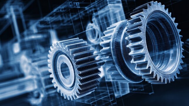 Detailed CGI of Interlocking Mechanical Gears in Blue Digital Design