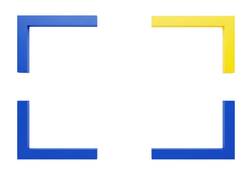 abstract digital illustration of thick electric blue and sunshine yellow corner brackets defining a central rectangular copy area with 'creative layout' text. minimalist graphic design concept for