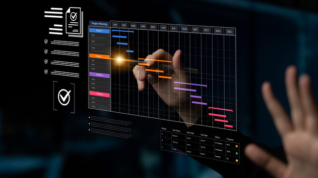 A project management dashboard for business. The interface features a Gantt chart to visualize the project timeline, task scheduling, and overall progress for efficient workflow. Fermion