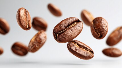 Fototapeta premium Close-up of Roasted Coffee Beans Floating on White Background with Soft Lighting