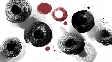 Abstract black and red circular brush strokes on white background