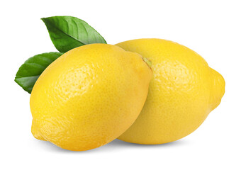 Fresh yellow lemons and green leaves isolated on white