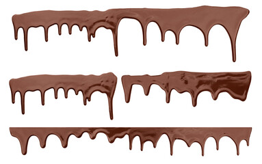 Melted chocolate dripping on white background, set
