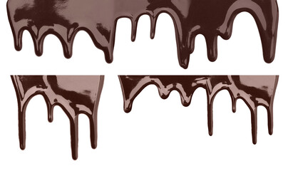 Melted chocolate dripping on white background, set
