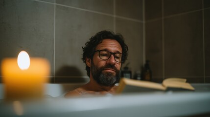 A mid-aged man relaxing in a foam-filled bathtub while reading a book, surrounded by soft candlelight. A calm, cozy home spa atmosphere symbolizing self-care, wellness and relaxation