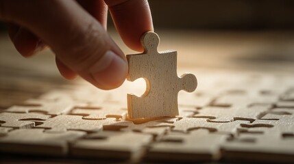 Hand Placing Puzzle Piece on Wooden Surface with Warm Lighting