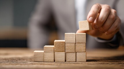 Businessman stacking wooden blocks in ascending order on wooden table