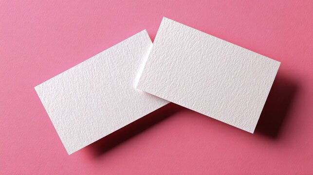 Minimalist two blank white business cards on pastel pink background