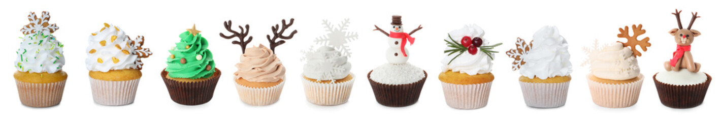 Christmas cupcakes isolated on white, set. Festively decorated dessert