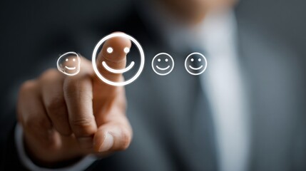 Businessman selecting smiling face icon on transparent digital screen