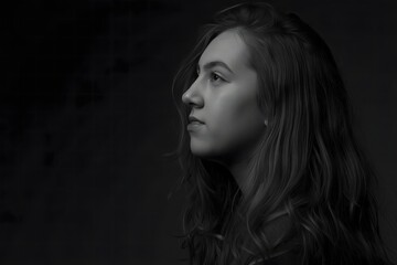 Pensive Young Woman Profile Portrait - Black and White